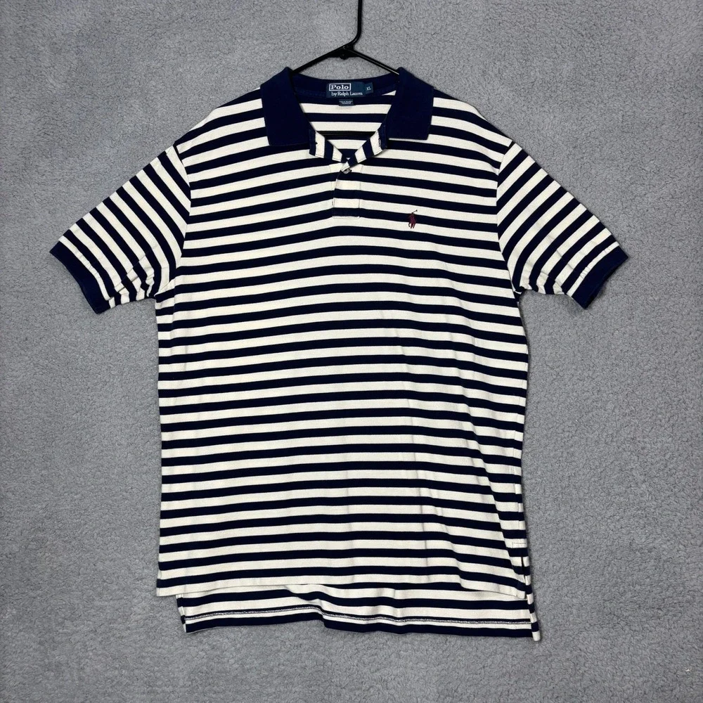 Polo Ralph Lauren Mens XL Striped Short Sleeve Polo Shirt Navy White Cotton